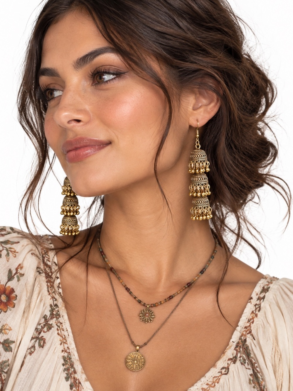 Bohemian Gold Tiered Bell Shaped Earrings With Dangling Beads- Women Jewelry